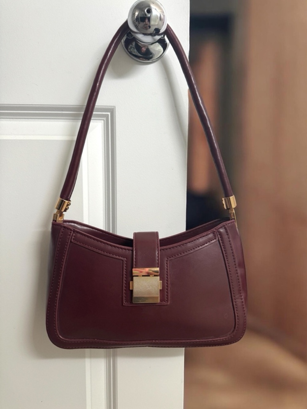 Classic Burgundy Shoulder Bag with Gold Hardware